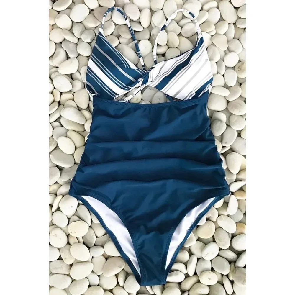 Cupshe Navy Blue Striped‎ Cutout One Piece Swimsuit Ruched Front Monokini Large